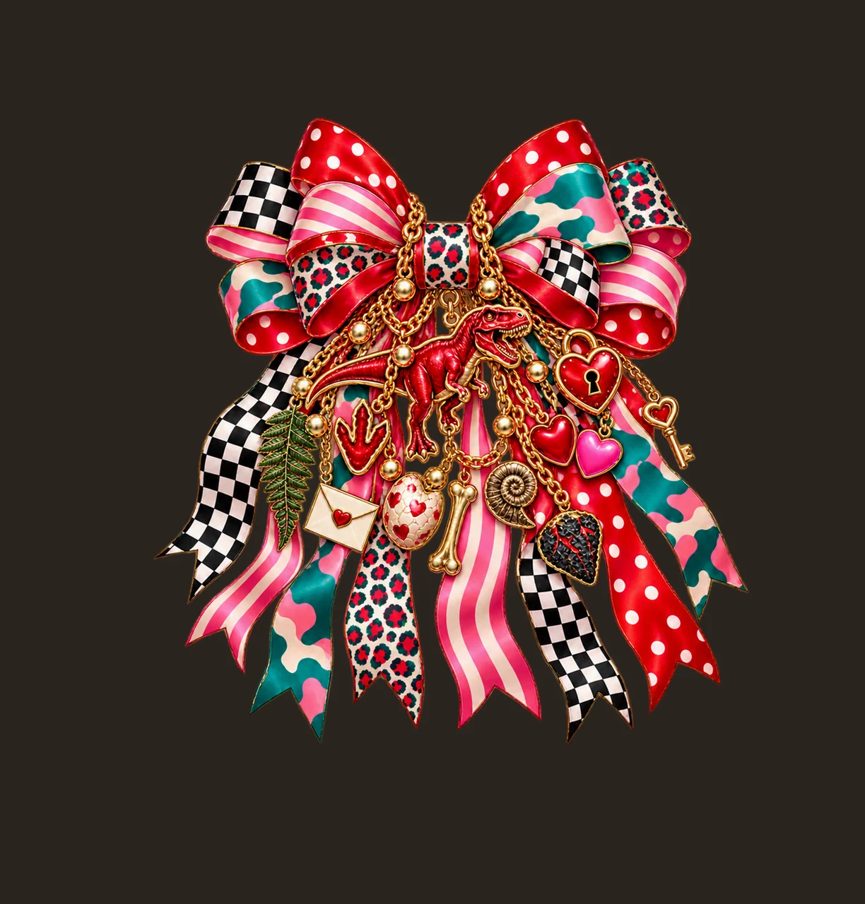 T-Rex Valentine Bow Charm PNG, Gold Chain Charms, Transparent Sublimation Design, Digital Download contrast preview thumbnail