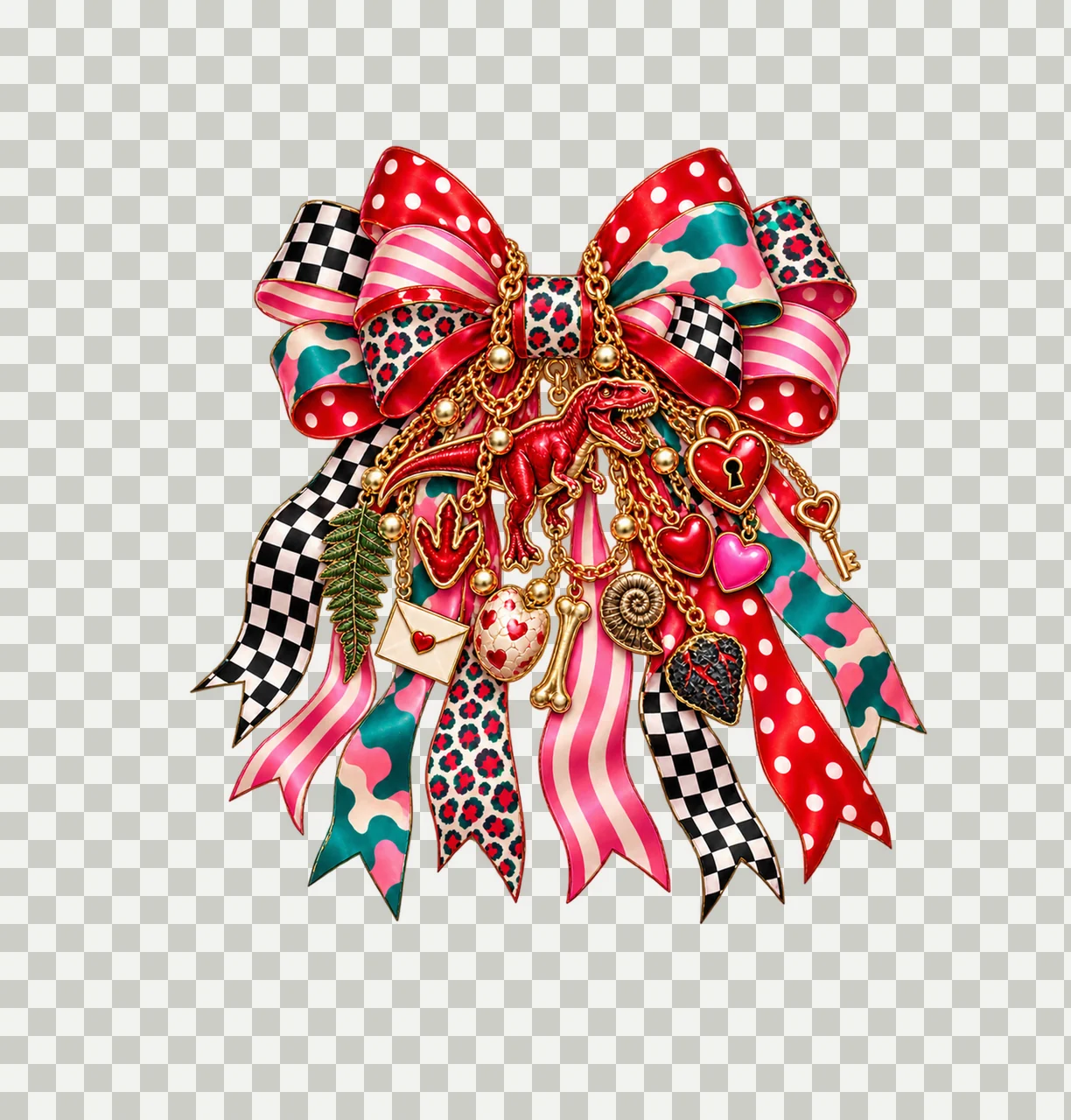 T-Rex Valentine Bow Charm PNG, Gold Chain Charms, Transparent Sublimation Design, Digital Download transparency and detail preview thumbnail