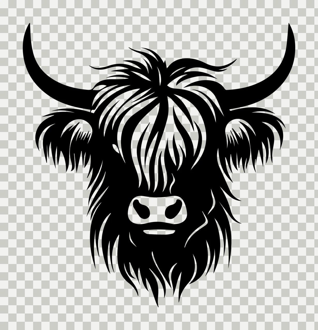 Highland Cow Head Silhouette Facing Forward horn fur black transparency and detail preview thumbnail