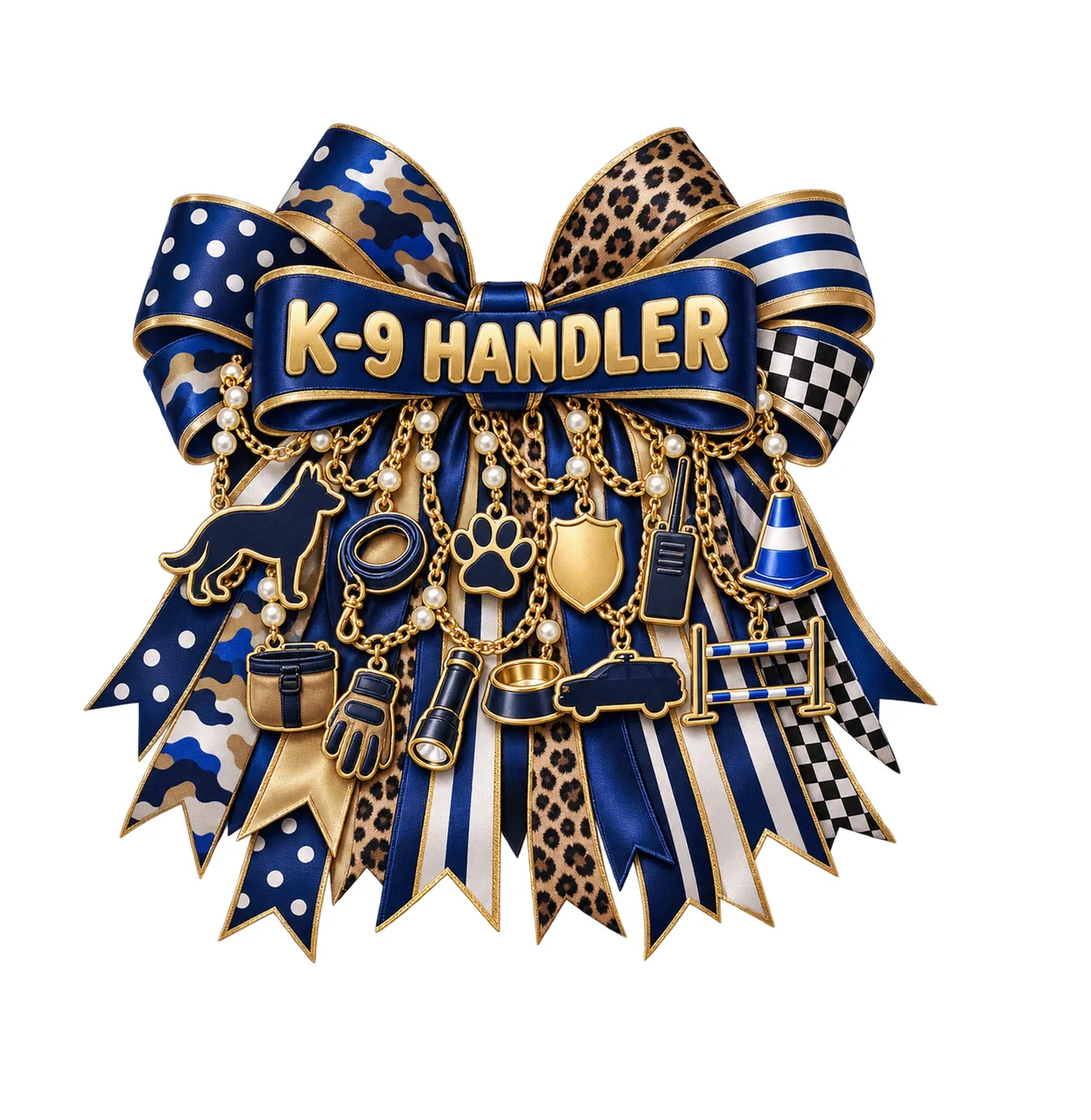 Police K-9 Handler Bow Charm PNG, Gold Chain Charms, Transparent Sublimation Design, Digital Download