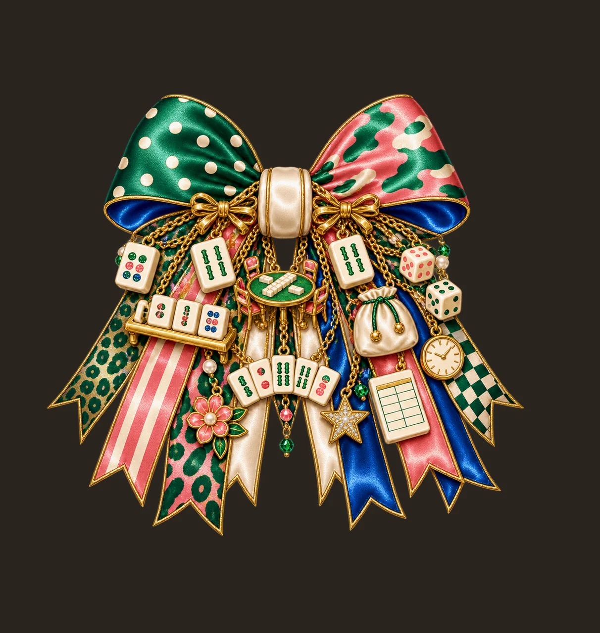 Mahjong Lover Bow Charm PNG, Themed Gold Chain Charms, Coquette Ribbon Sublimation Design, Transparent Digital Download contrast preview thumbnail
