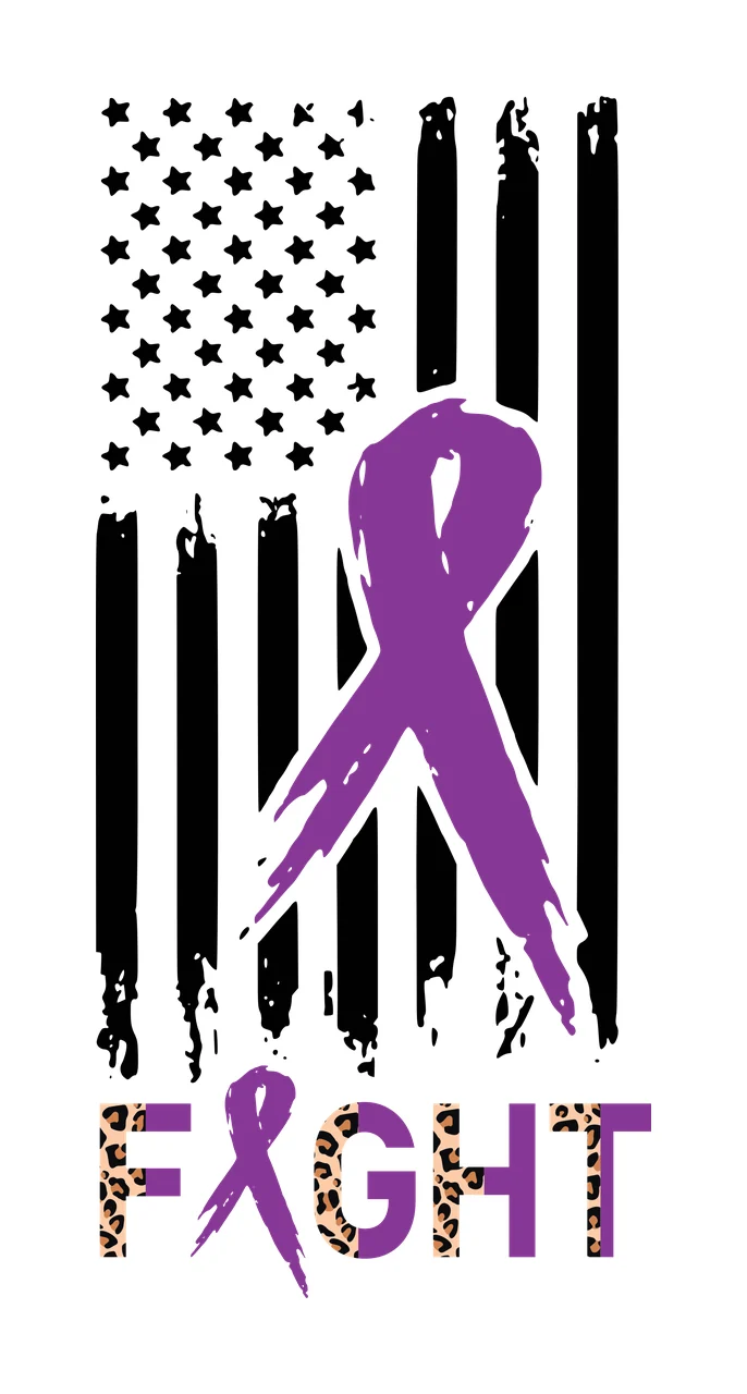 FIGHT Awareness Typography Design with distressed American flag with stars and stripes, purple awareness ribbon, text 'FIGHT' and leopard print pattern on letters 'F' and 'G' in black and beige