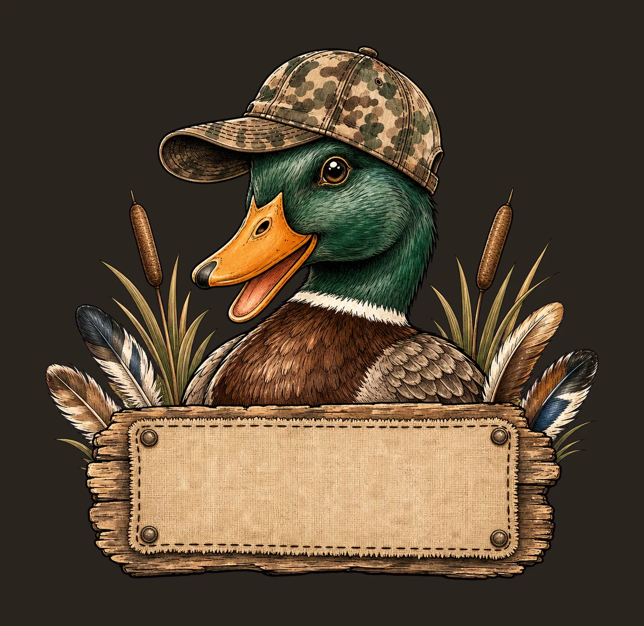 Mallard Duck wearing camo hat with name patch Variation C contrast preview thumbnail