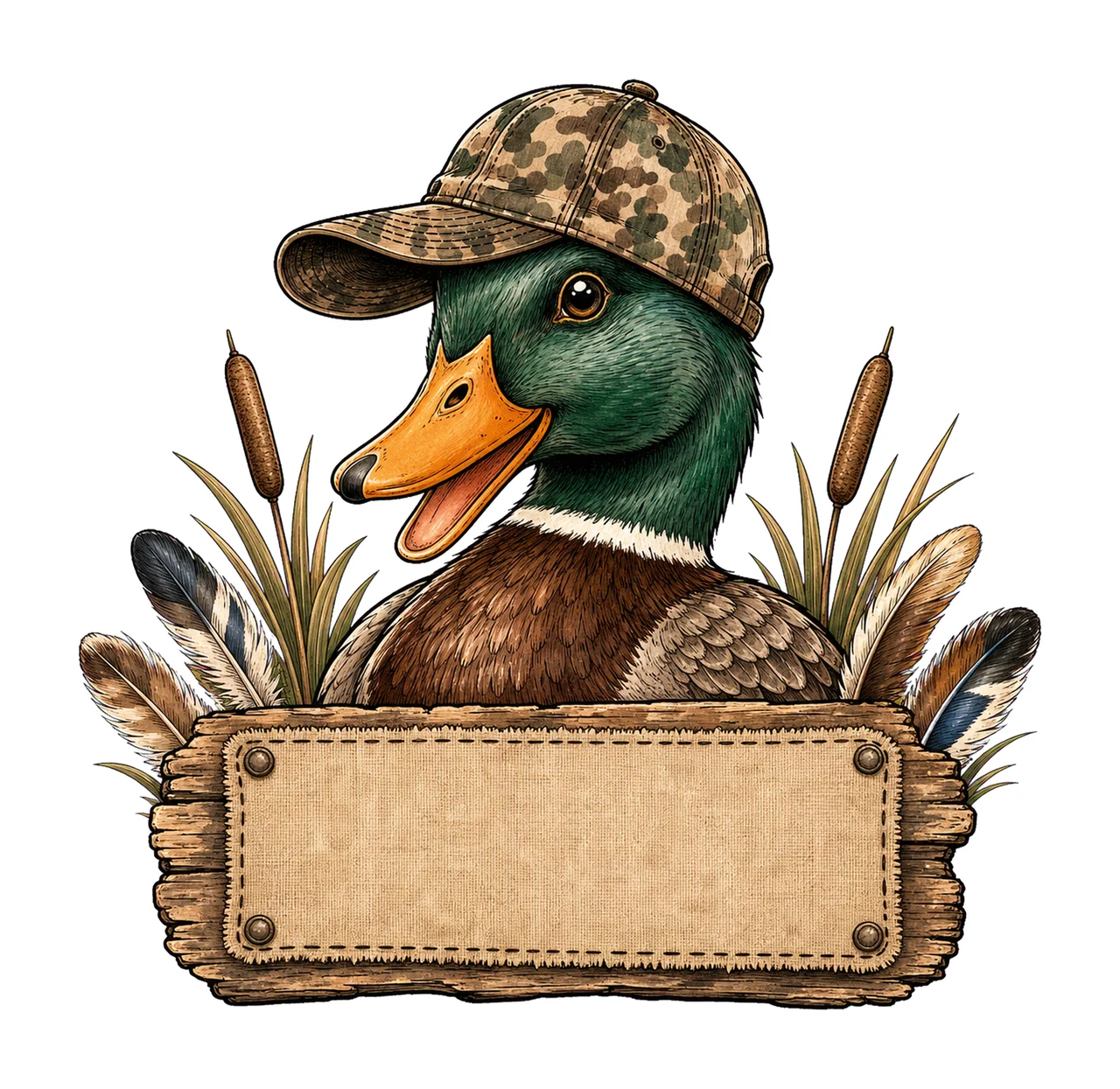 Mallard Duck wearing camo hat with name patch Variation C