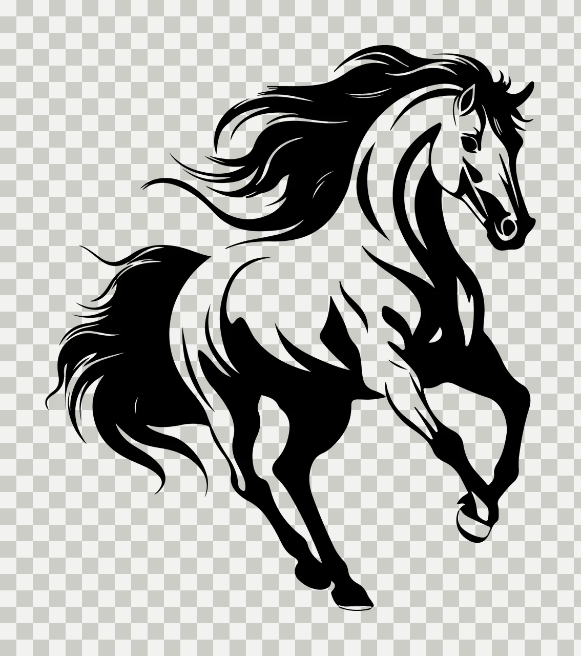 Horse Running In Dynamic Motion mane tail legs silhouette black transparency and detail preview thumbnail