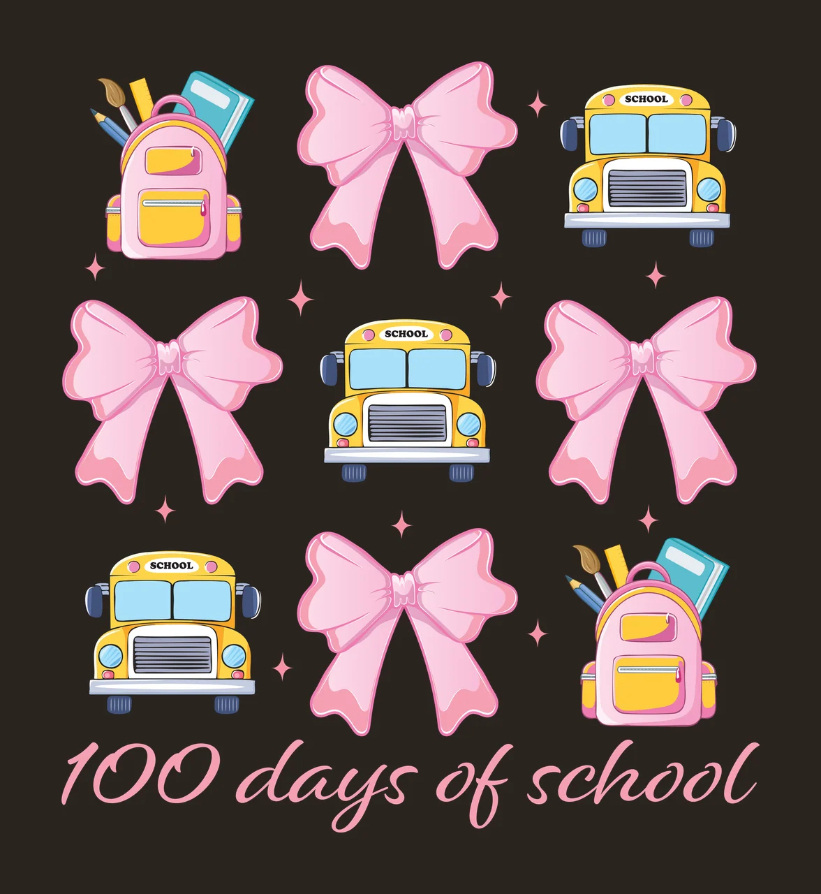 100 Days Of School Grid With Bus backpacks bows buses silhouette contrast preview thumbnail