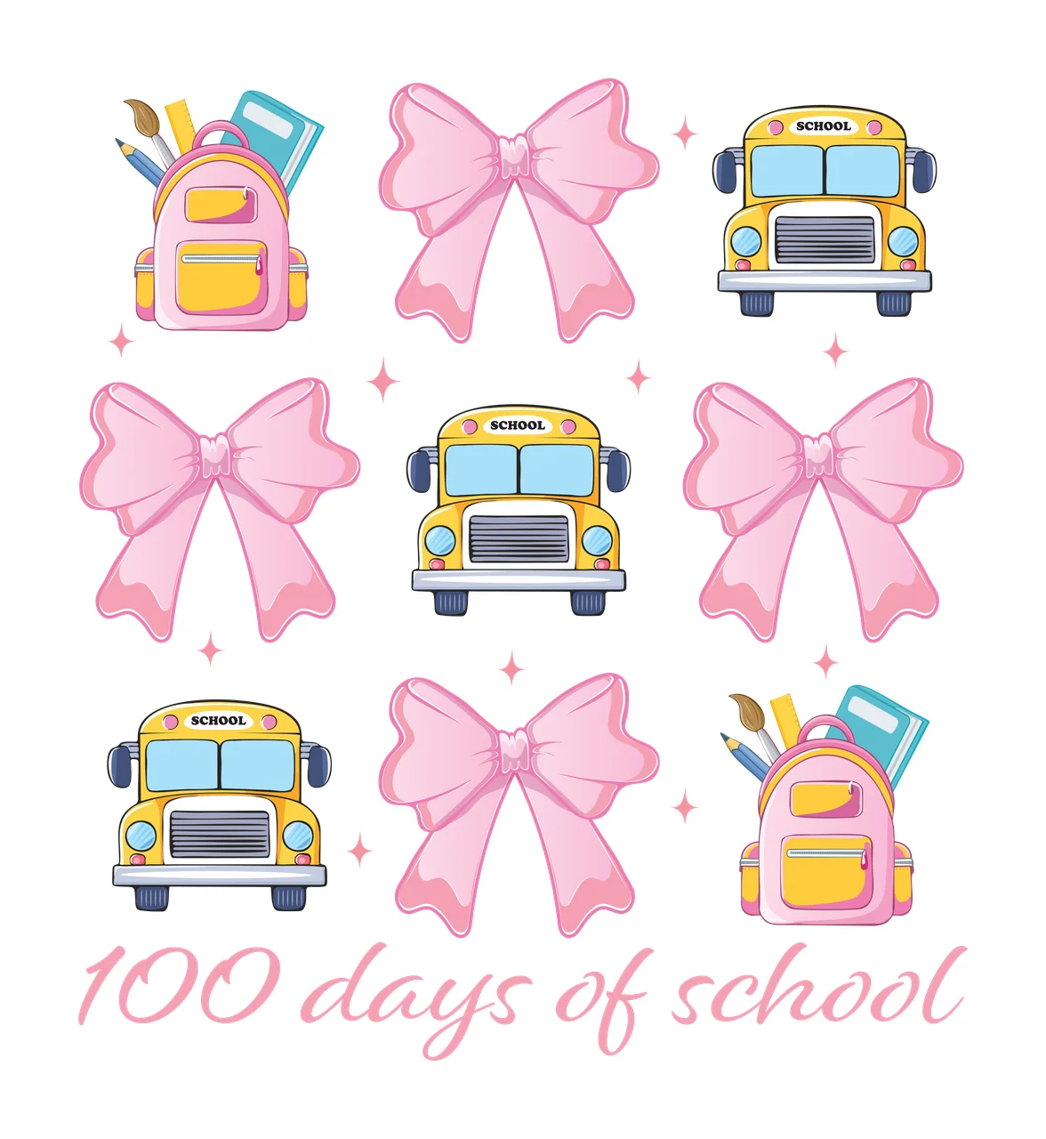 100 Days Of School Grid With Bus backpacks bows buses silhouette