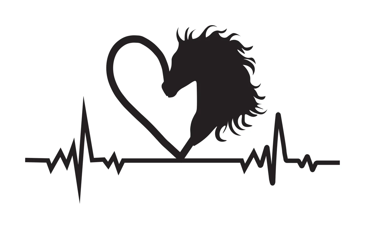 Horse head silhouette inside heart shape over heartbeat line Illustration in black and white