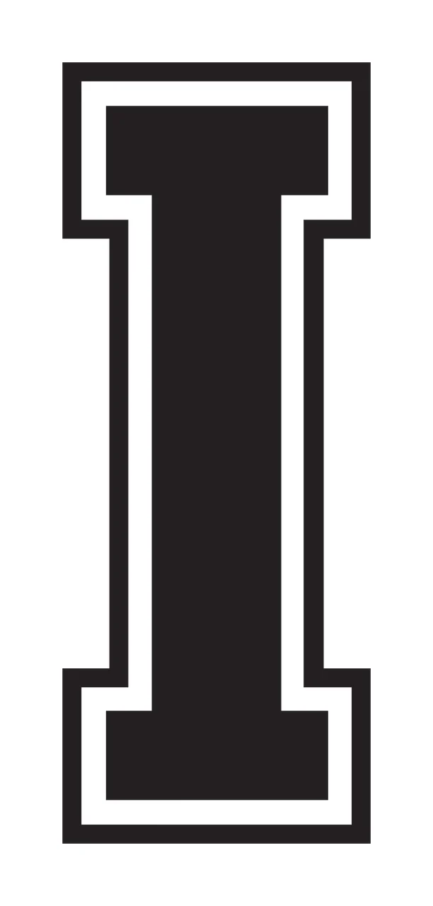 I capital Letter Design with varsity block font, double outline and serif ends in black and white