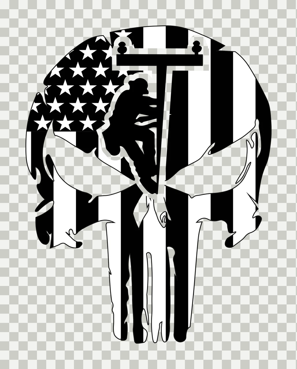 Lineworker and skull silhouette Illustration with utility pole, American flag pattern and stars and stripes in black and white transparency and detail preview thumbnail