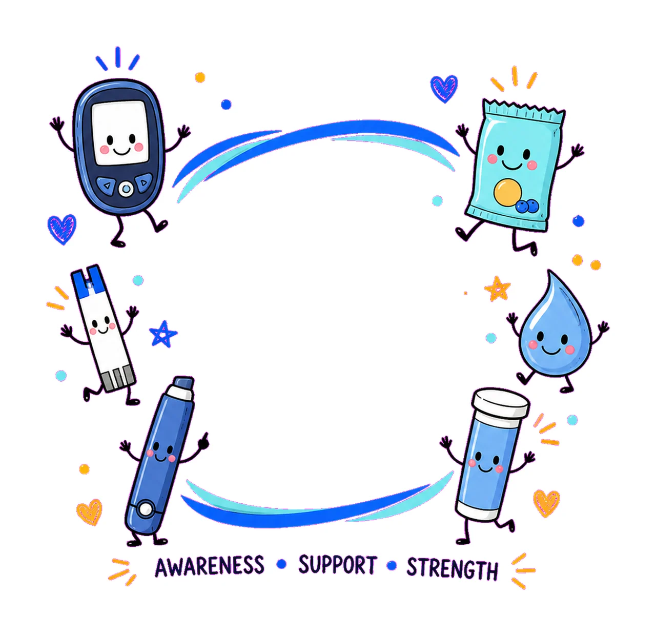 1 Diabetes Awareness Doodles PNG, Smiling Care Characters Retro Sublimation Design, Awareness Support Frame Shirt Clipart Download PNG File