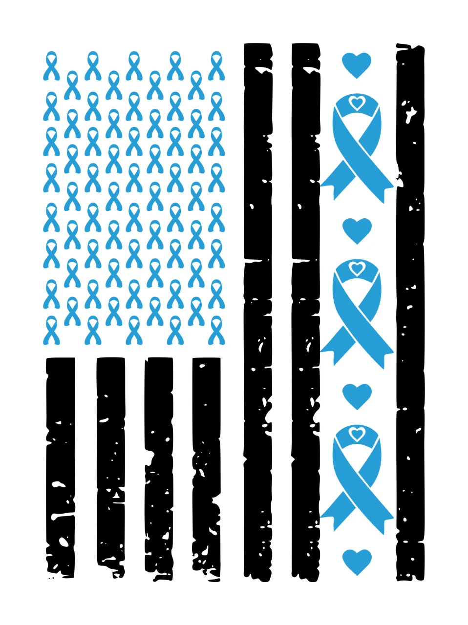 American flag motif with blue awareness ribbons and hearts Illustration with black distressed vertical stripes and grid of blue awareness ribbons in white