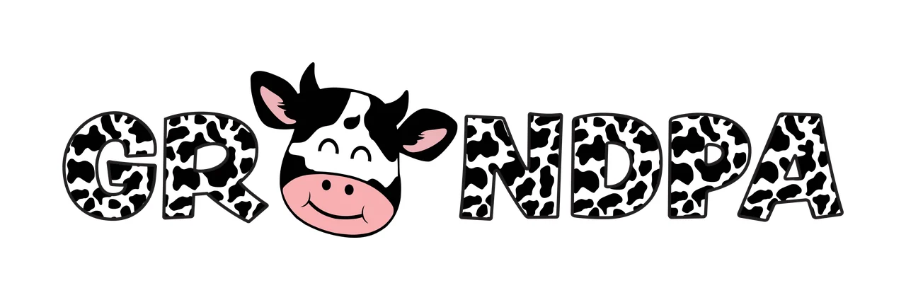 GRANDPA Typography Design with cow head, cow print pattern, letters and GRANDPA text in black, white and pink