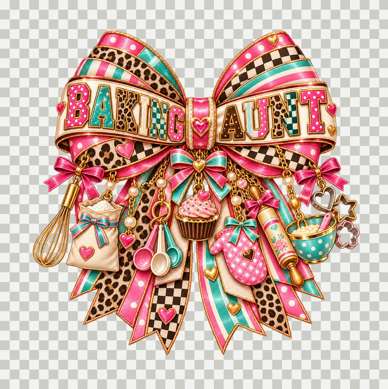 Baking Aunt Bow Charm PNG, Patterned Varsity Aunt Ribbon Clipart, Transparent Sublimation Digital Download transparency and detail preview thumbnail