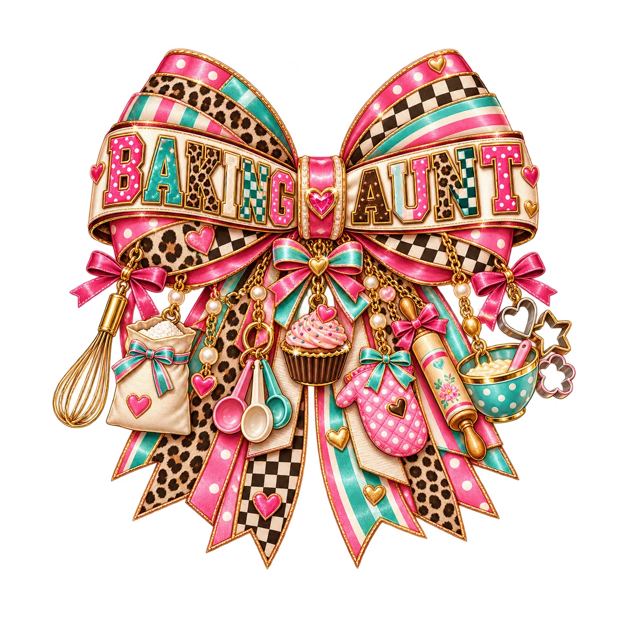 Baking Aunt Bow Charm PNG, Patterned Varsity Aunt Ribbon Clipart, Transparent Sublimation Digital Download