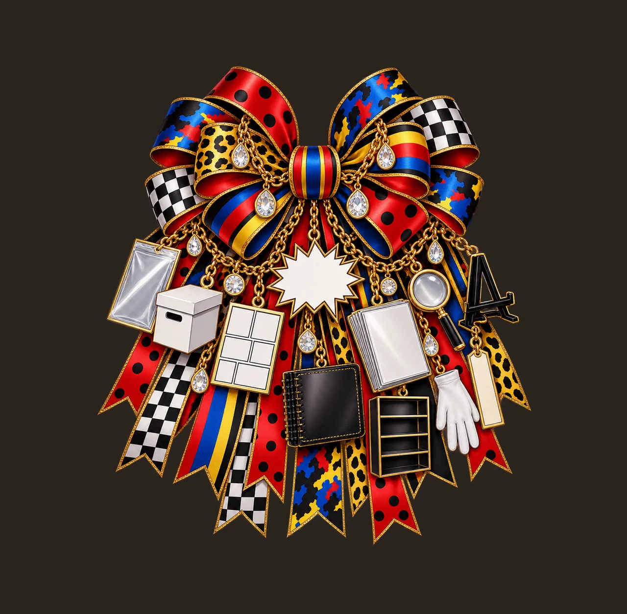 Comic Book Collector Bow Charm PNG, Gold Chain Charms, Transparent Sublimation Design, Digital Download contrast preview thumbnail