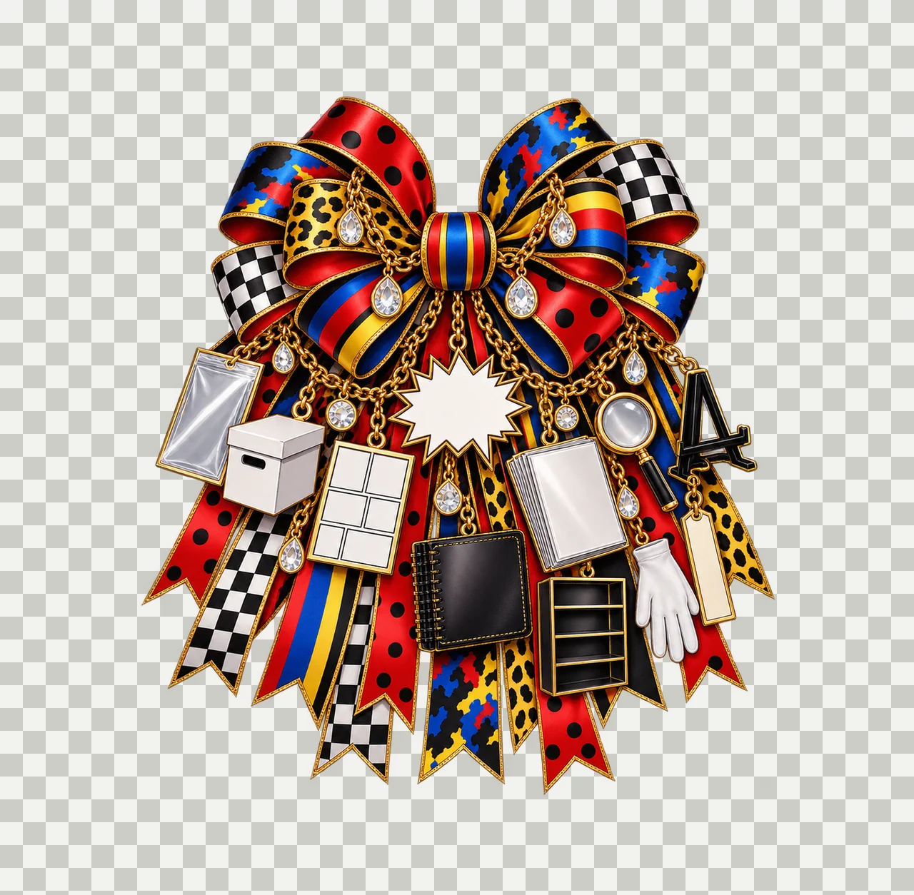 Comic Book Collector Bow Charm PNG, Gold Chain Charms, Transparent Sublimation Design, Digital Download transparency and detail preview thumbnail