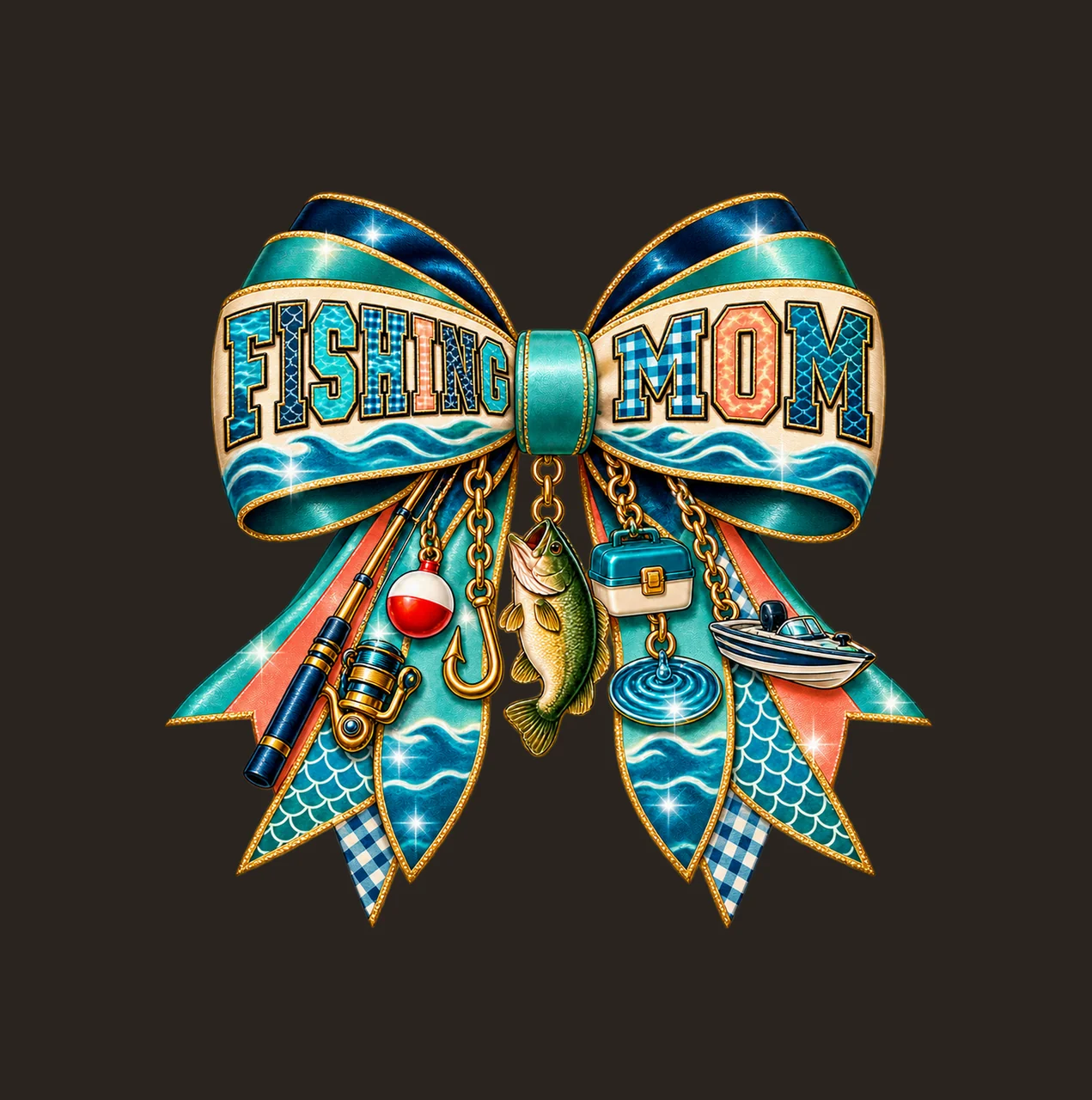 Fishing Mom Bow Charm PNG, Patterned Varsity Mom Ribbon Clipart, Transparent Sublimation Digital Download contrast preview thumbnail
