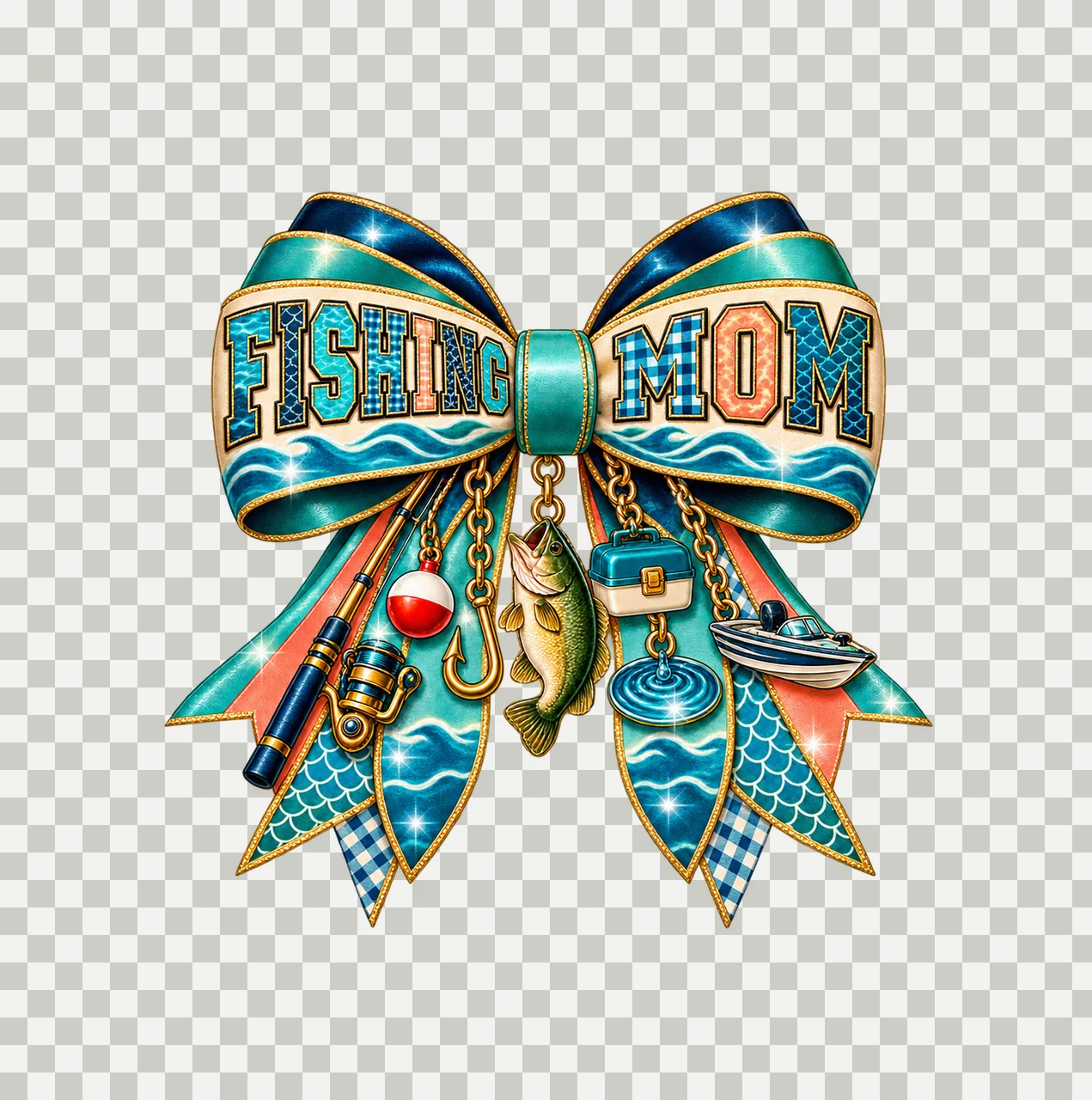 Fishing Mom Bow Charm PNG, Patterned Varsity Mom Ribbon Clipart, Transparent Sublimation Digital Download transparency and detail preview thumbnail