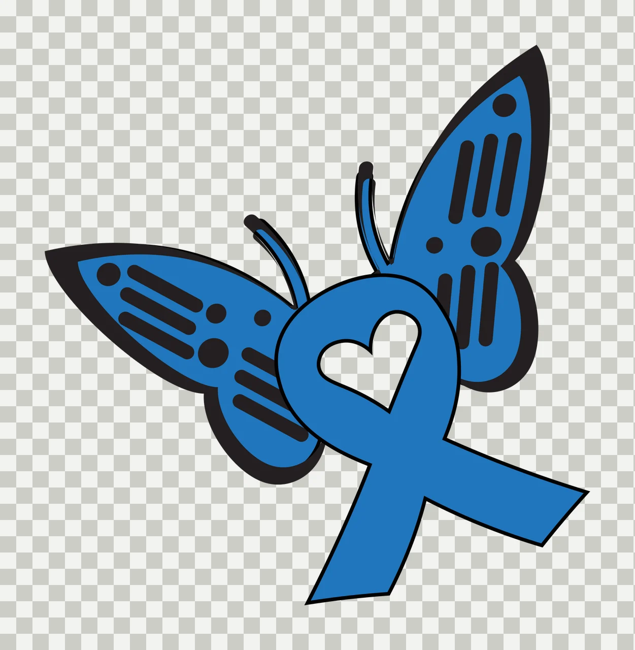 Blue ribbon with heart and butterfly wings Illustration with white heart, black outlines, black dots and black stripes transparency and detail preview thumbnail