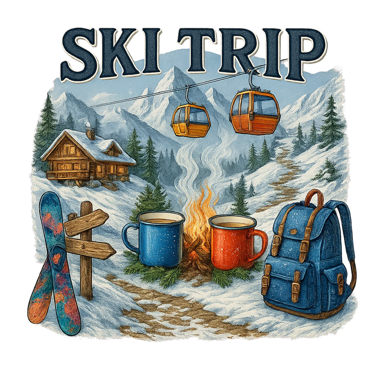Ski Trip Essentials Watercolor Artwork Set Winter Vacation