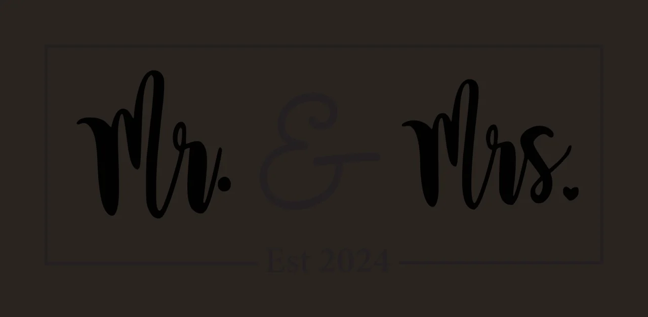 Mr. & Mrs. Est 2024 Rectangular monochrome sign Design with black script text, thin black rectangle border, horizontal lines and periods in white contrast preview thumbnail