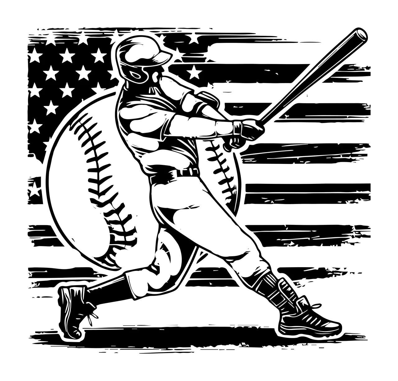 Baseball Player Flag Player Swinging Over bat black white sports