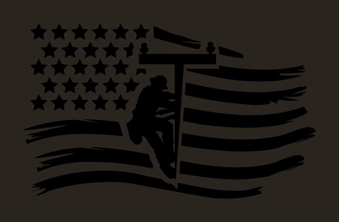 Utility Worker Silhouette Against American Flag climbing pole contrast preview thumbnail