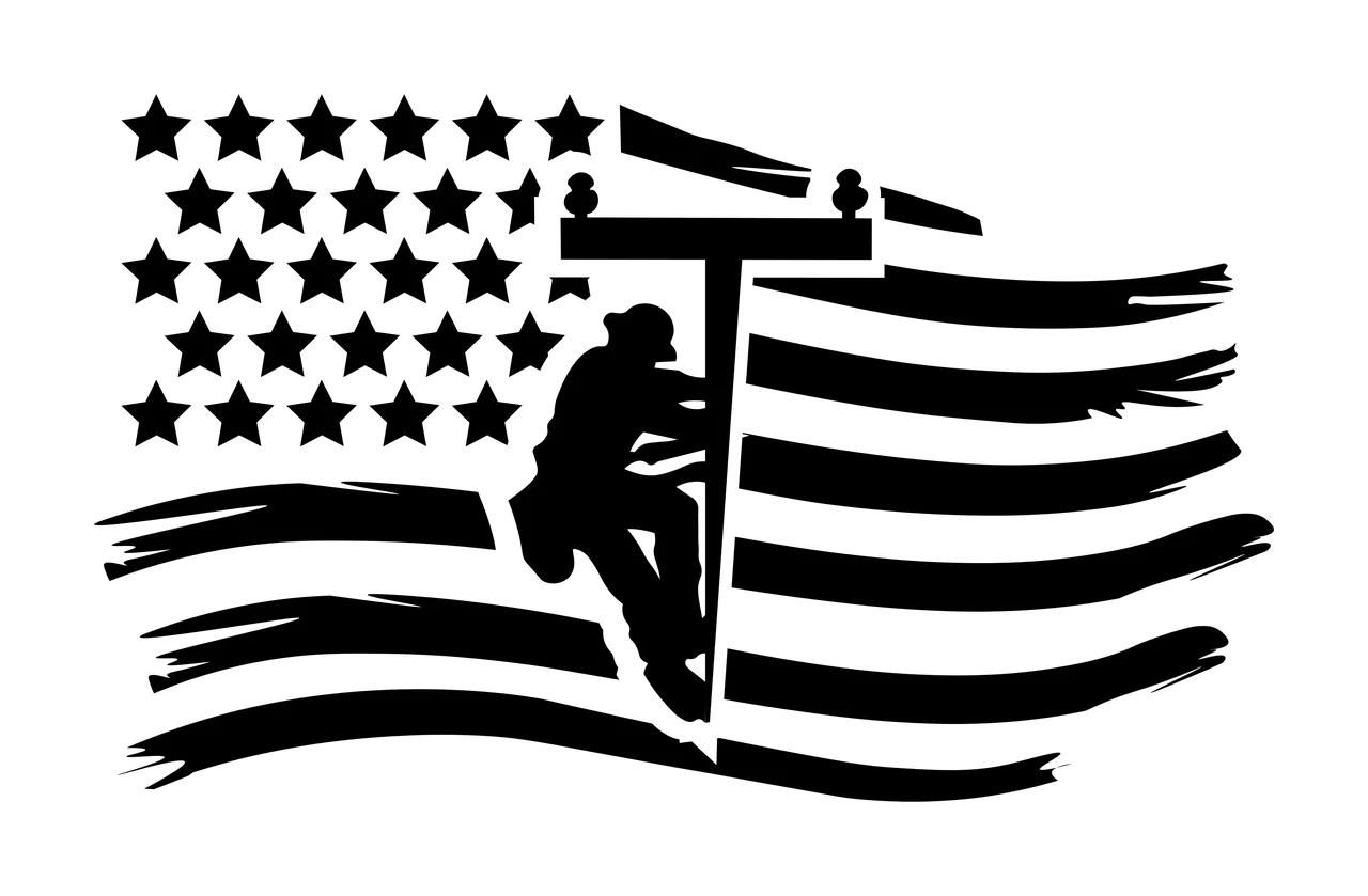 Utility Worker Silhouette Against American Flag climbing pole