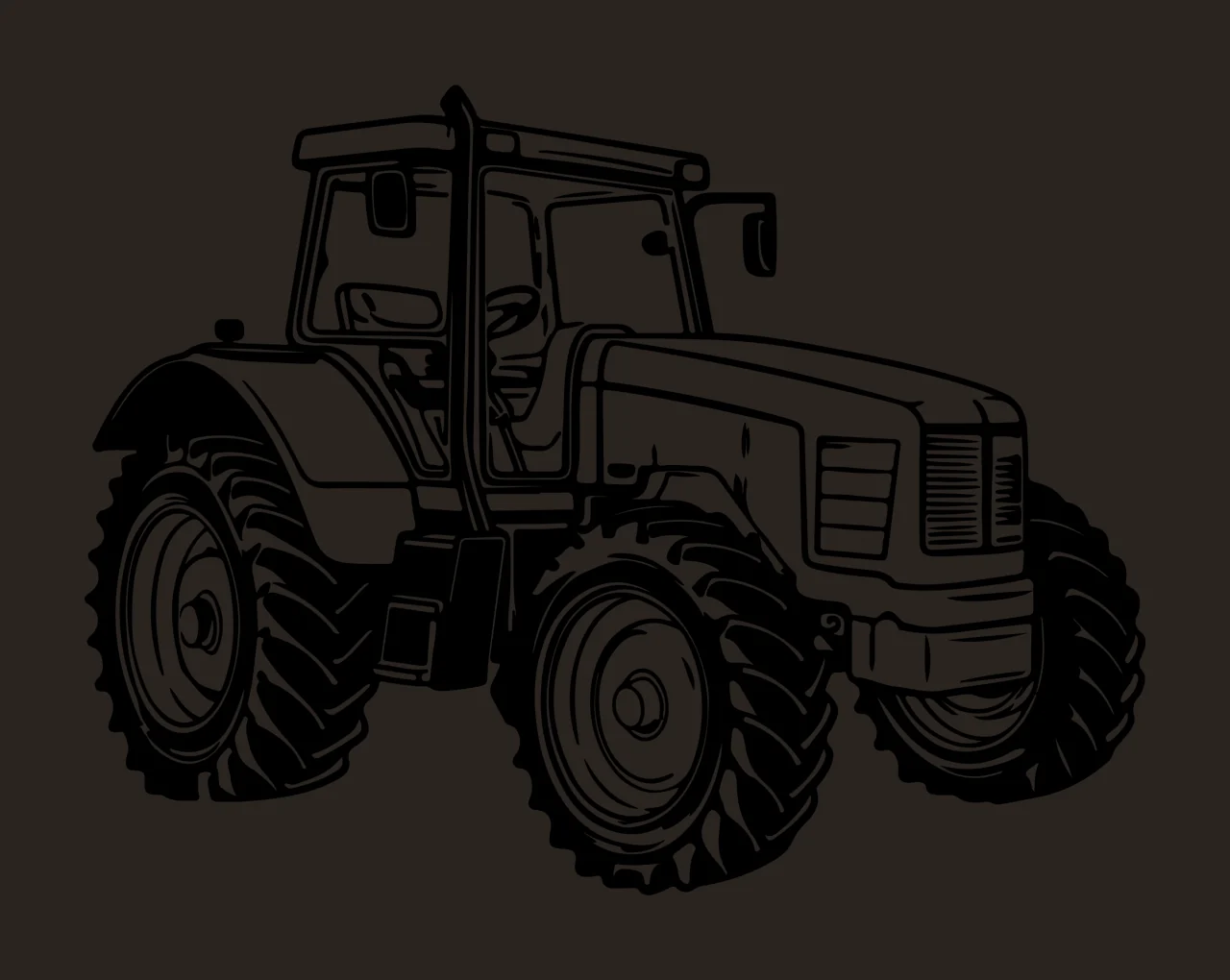 Black And White Tractor Illustration wheels cabin tires engine contrast preview thumbnail