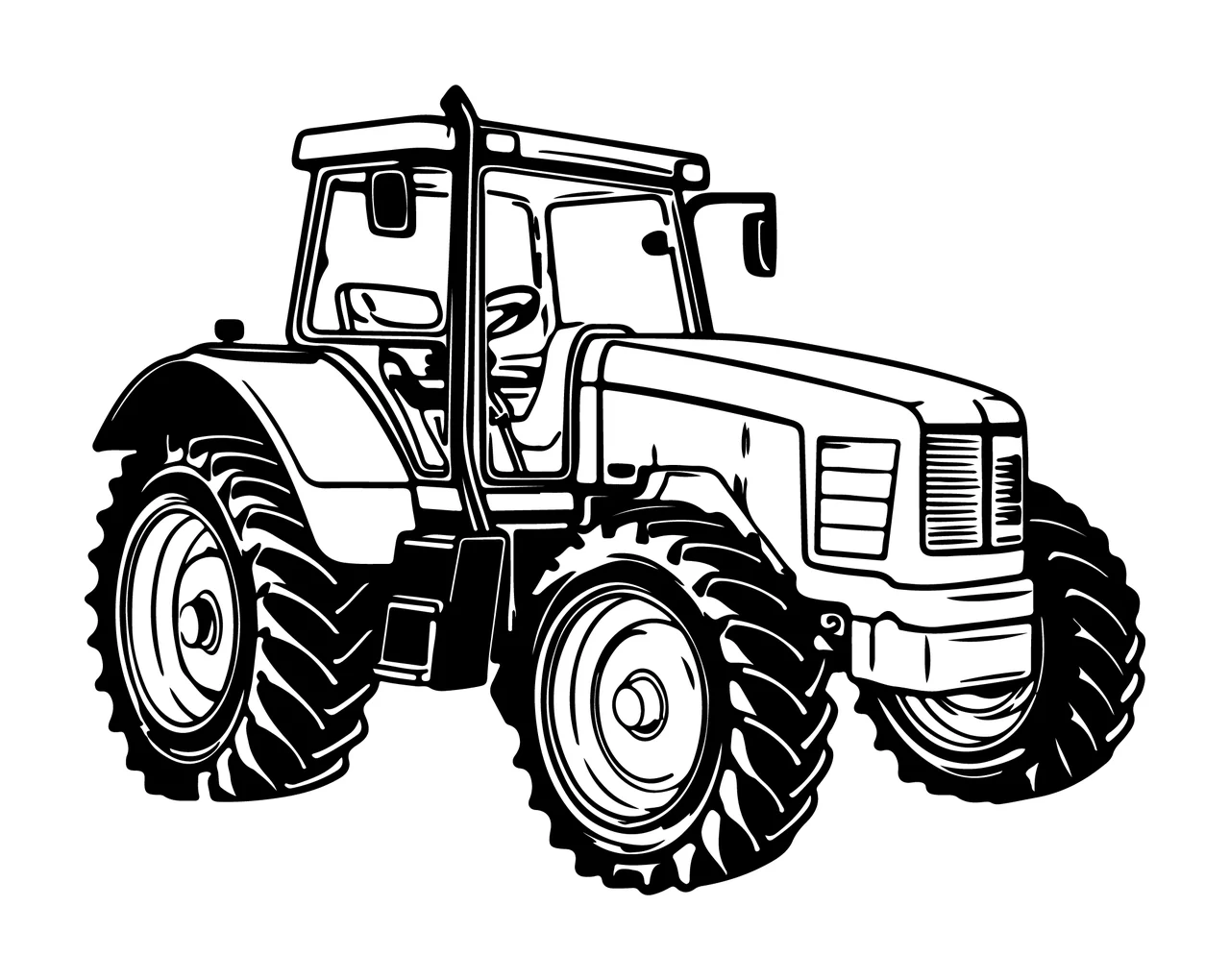Black And White Tractor Illustration wheels cabin tires engine