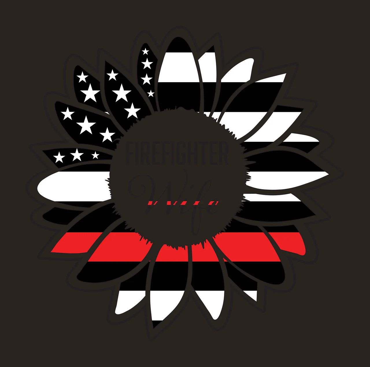 FIREFIGHTER Wife sunflower emblem Design with stars, stripes, red line and text in black and white contrast preview thumbnail