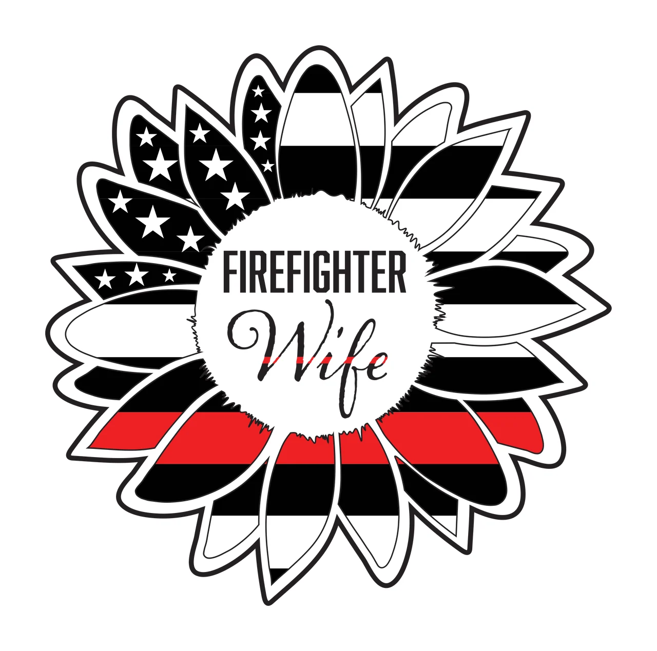 FIREFIGHTER Wife sunflower emblem Design with stars, stripes, red line and text in black and white