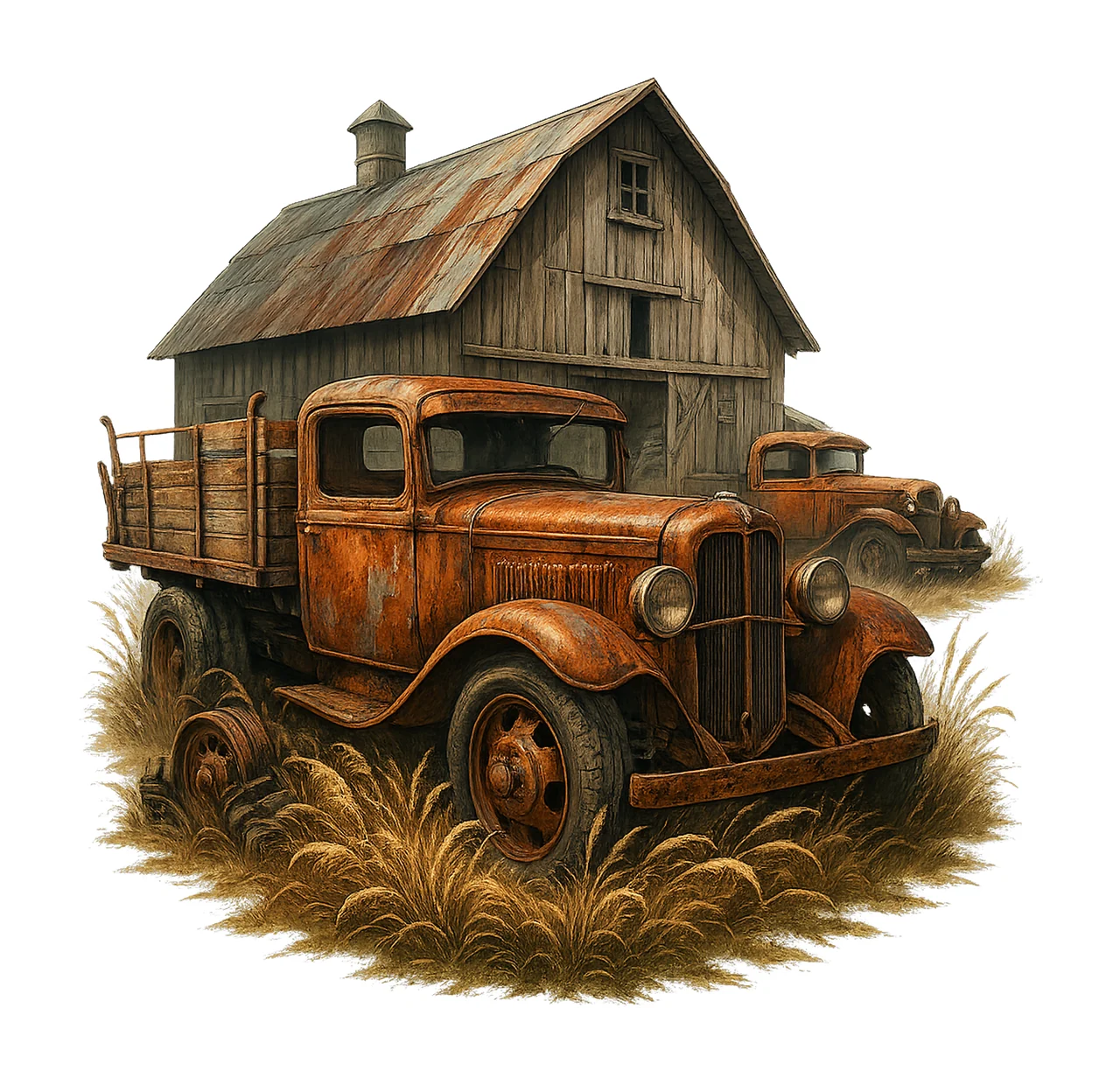 Old Rusted Antique Truck Rural Barn Watercolor Artwork