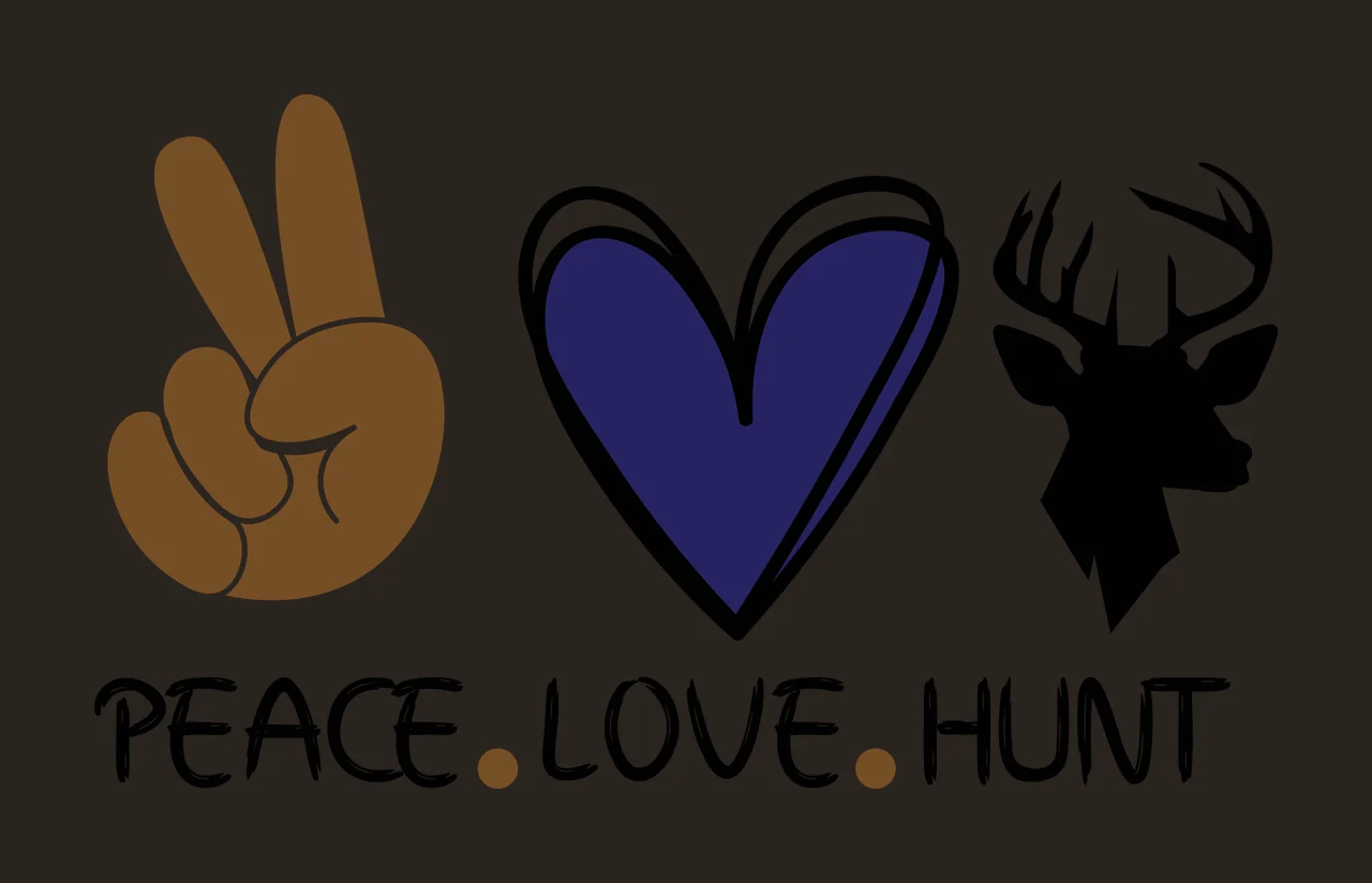PEACE.LOVE.HUNT Peace, Love, Hunt Design with brown peace sign hand, purple heart with black outline, black deer head with antlers and text PEACE LOVE HUNT contrast preview thumbnail