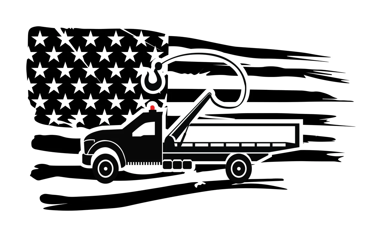 Tow Truck Silhouette with Extended Hook Positioned Over Distressed American Flag Graphic, Black and White Patriotic Vehicle Design
