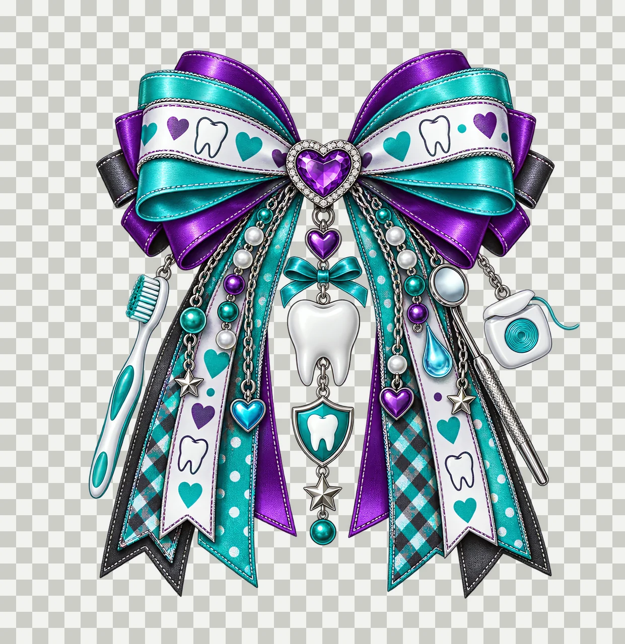 Dental Hygiene Awareness PNG, Tooth and Toothbrush Coquette Bow, No Text Sublimation Clipart, Transparent Digital Download transparency and detail preview thumbnail