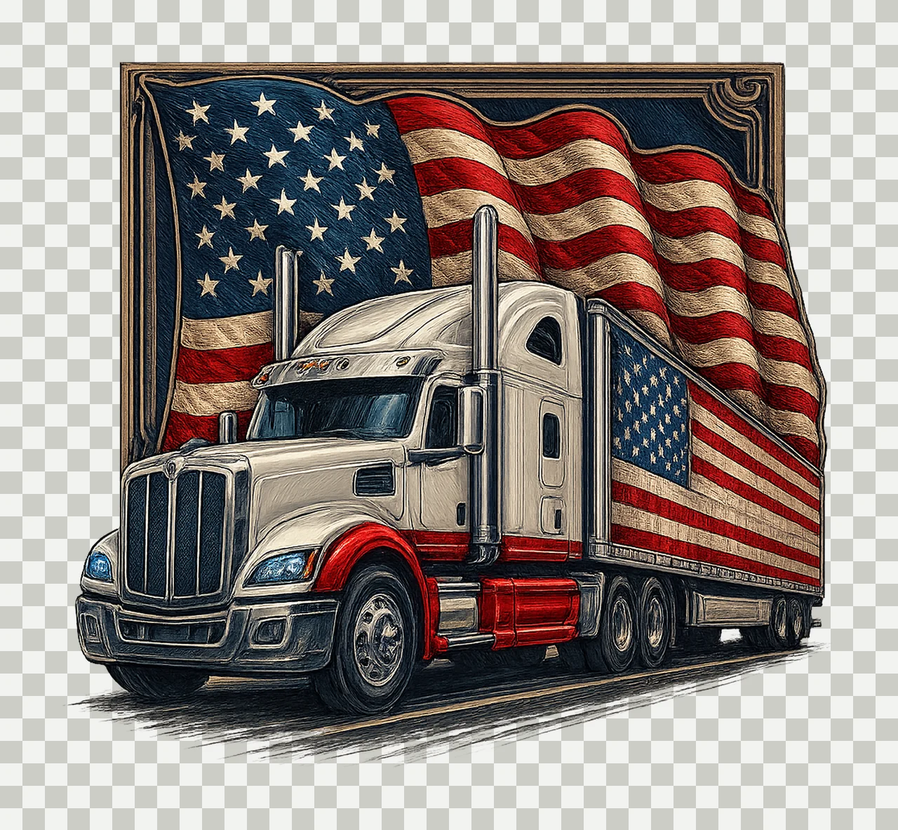 Semi Truck Flag American Flag Watercolor Artwork Patriotic transparency and detail preview thumbnail