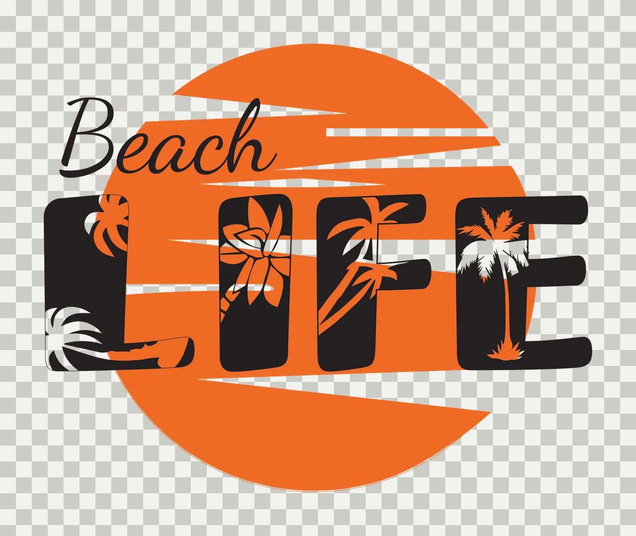Beach LIFE Beach Life logo design with orange circular sunset background, black bold letters L I F E, palm tree silhouettes inside letters and flower silhouette inside letter I in white transparency and detail preview thumbnail