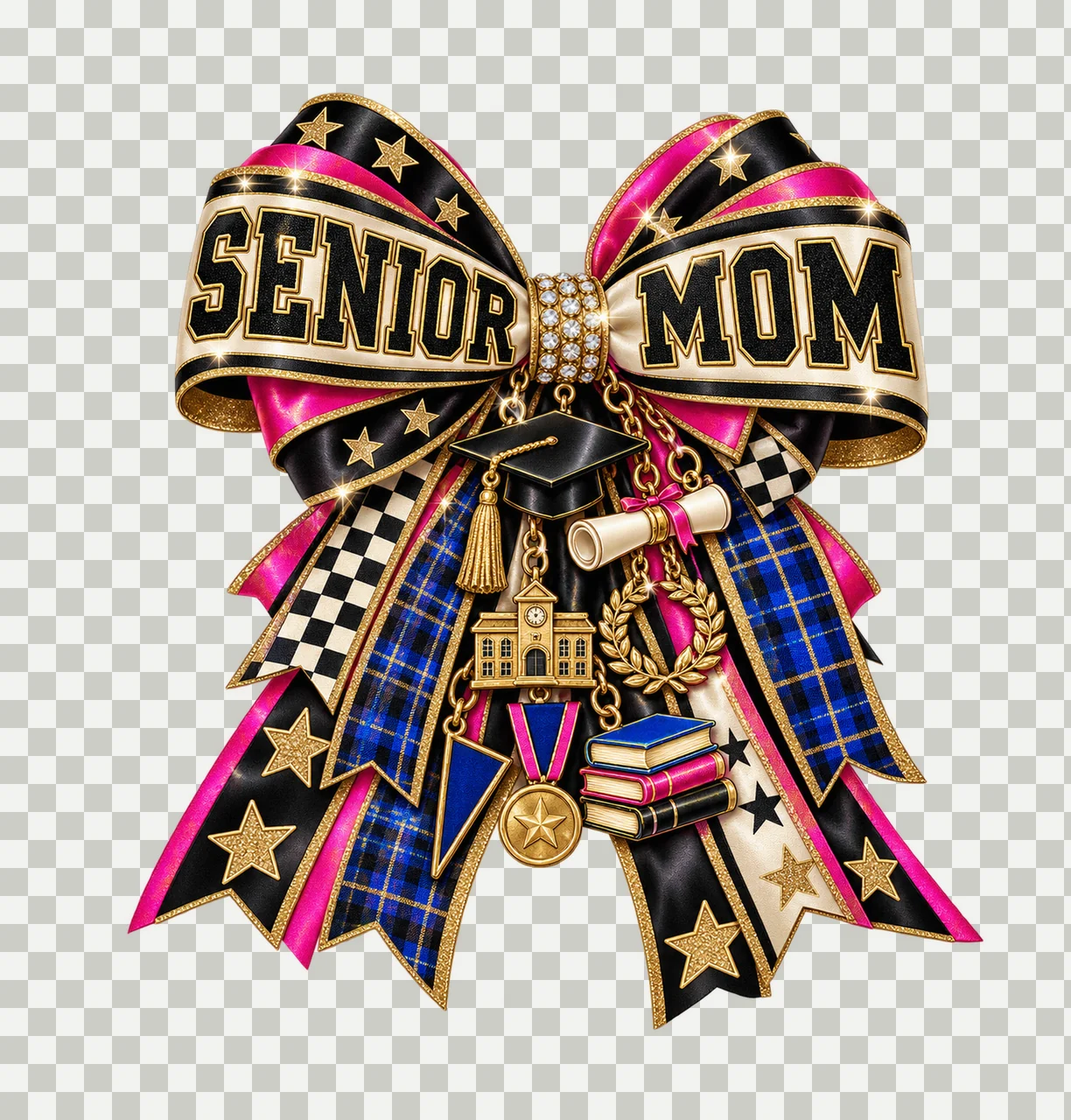 Senior Mom Bow Charm PNG, Patterned Varsity Mom Ribbon Clipart, Transparent Sublimation Digital Download transparency and detail preview thumbnail