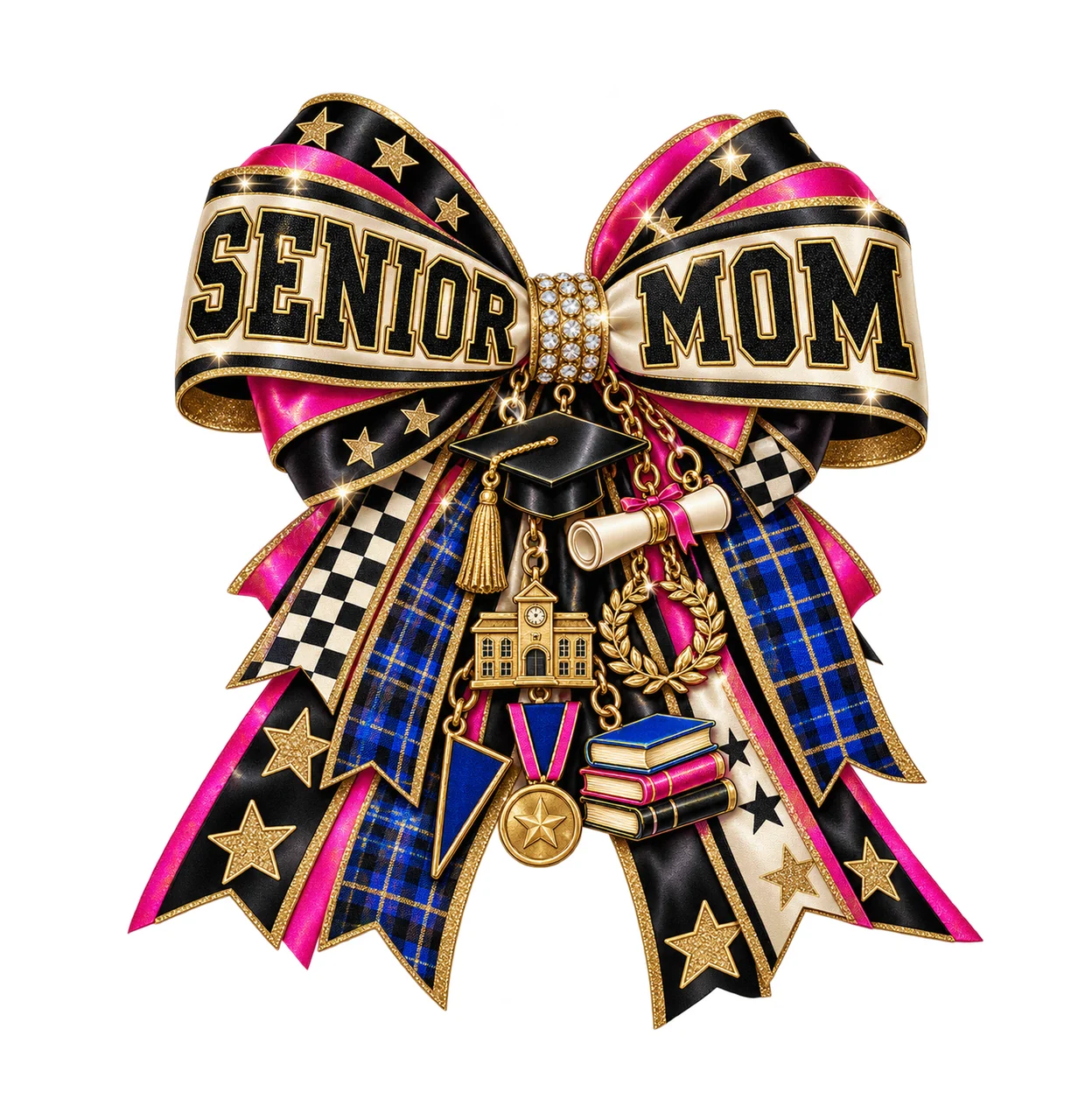 Senior Mom Bow Charm PNG, Patterned Varsity Mom Ribbon Clipart, Transparent Sublimation Digital Download