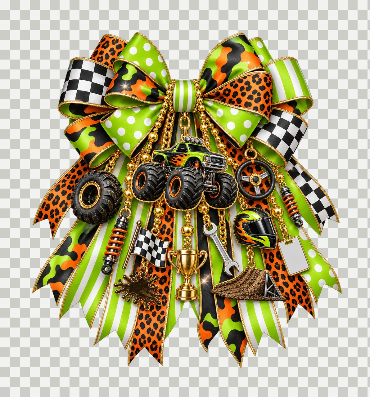 Monster Truck Bow Charm PNG, Gold Chain Charms, Transparent Sublimation Design, Digital Download transparency and detail preview thumbnail