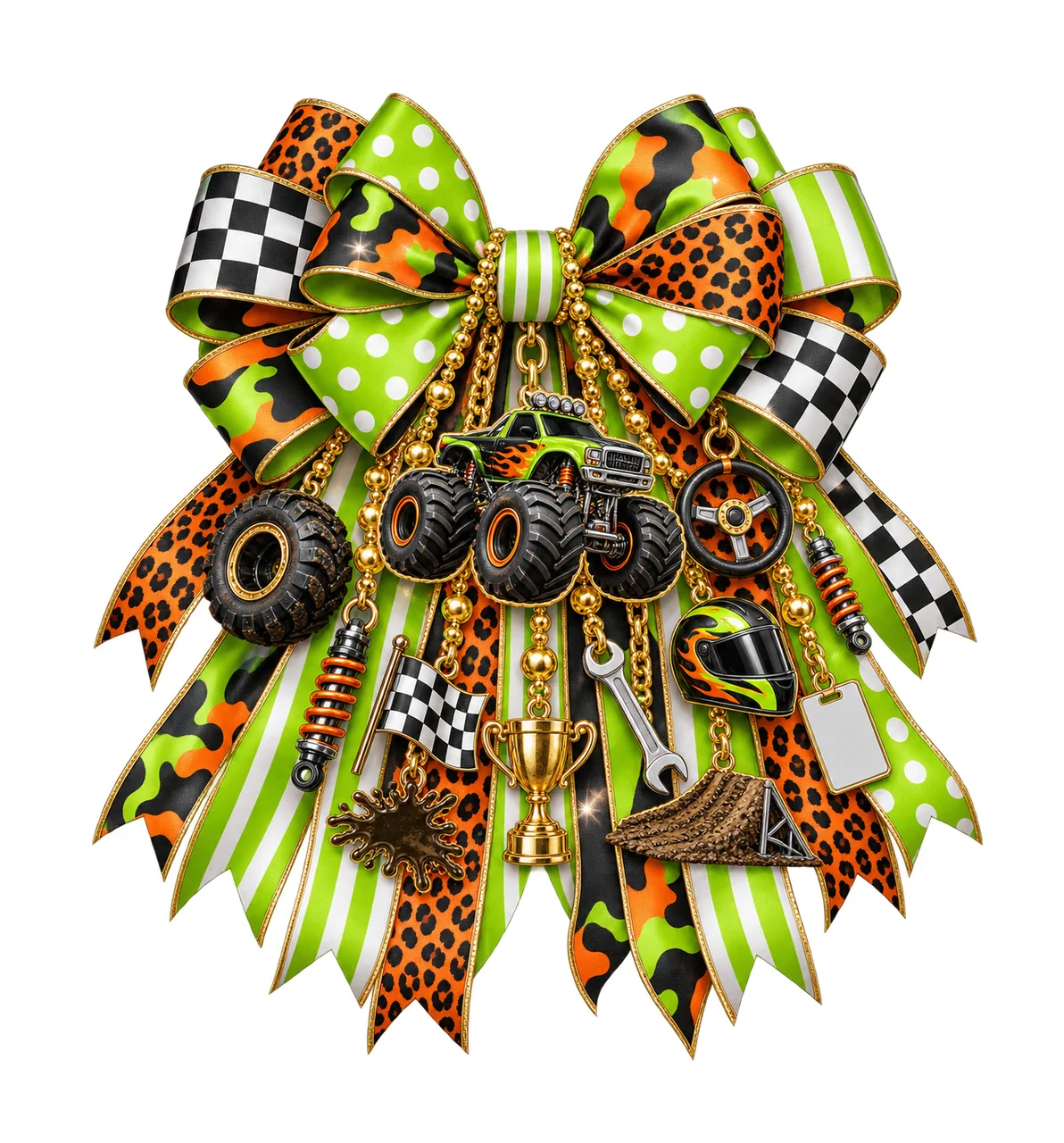 Monster Truck Bow Charm PNG, Gold Chain Charms, Transparent Sublimation Design, Digital Download