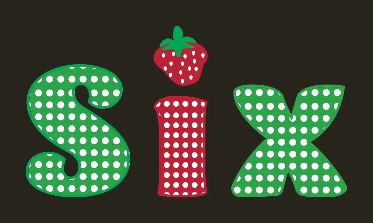 SIX Typography Design with green letter S, red letter I, strawberry icon and polka dot pattern in white contrast preview thumbnail