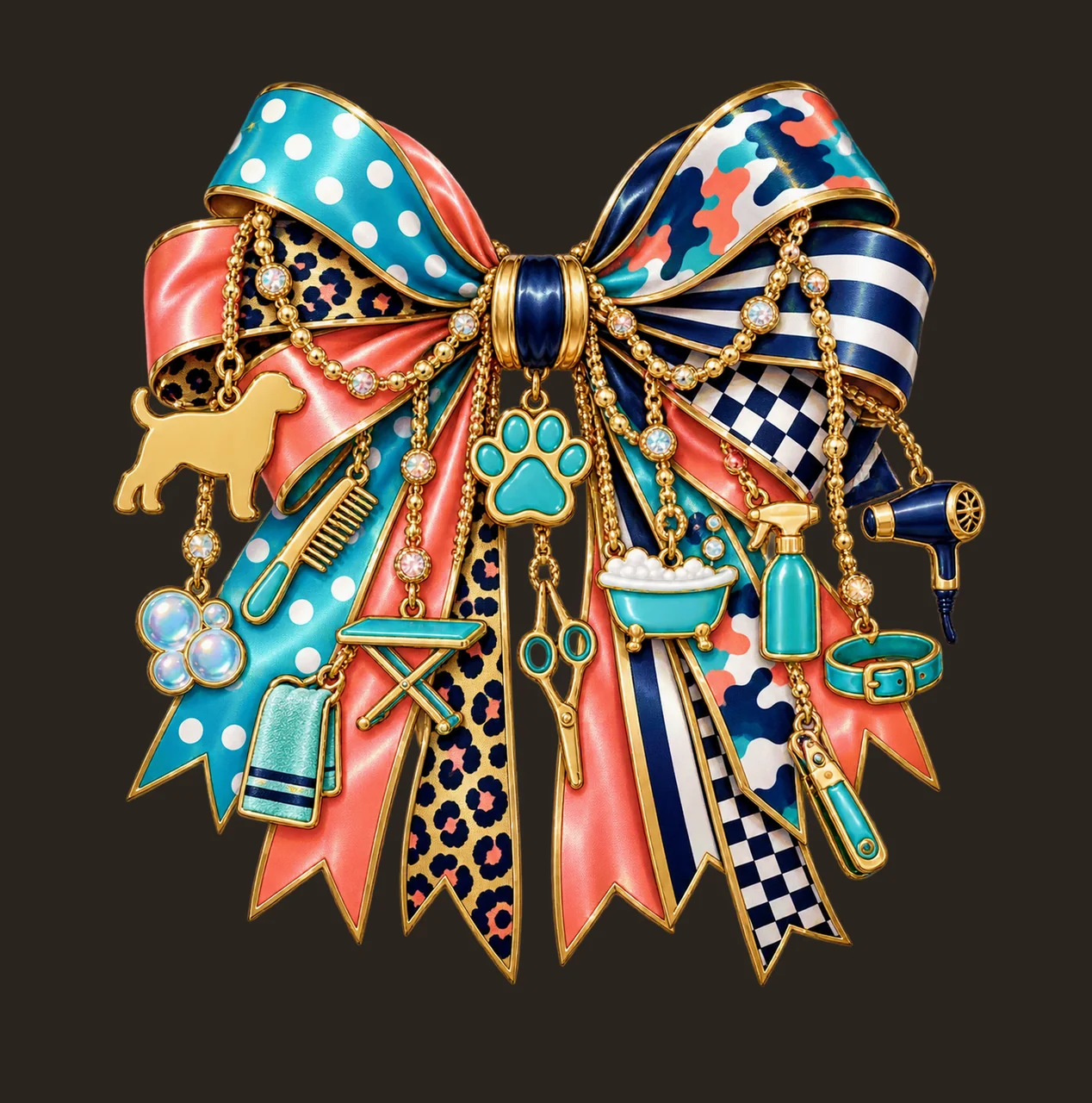 Dog Groomer Bow Charm PNG, Themed Gold Chain Charms, Coquette Ribbon Sublimation Design, Transparent Digital Download contrast preview thumbnail