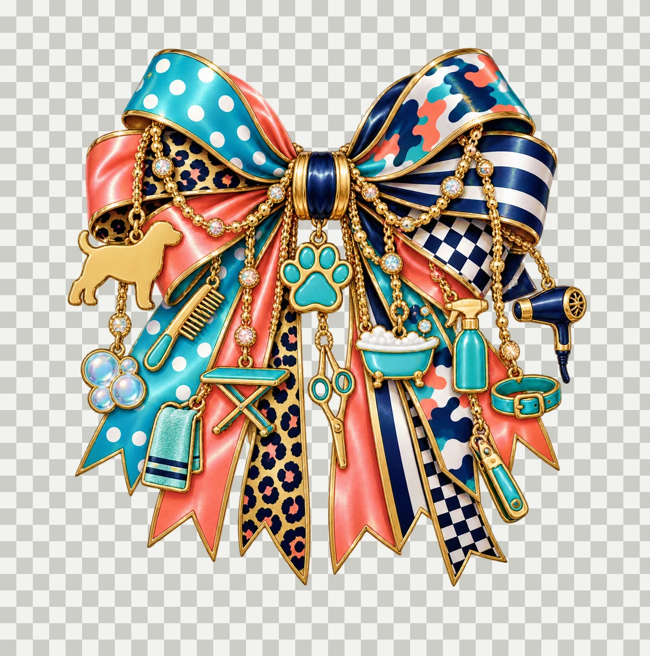 Dog Groomer Bow Charm PNG, Themed Gold Chain Charms, Coquette Ribbon Sublimation Design, Transparent Digital Download transparency and detail preview thumbnail
