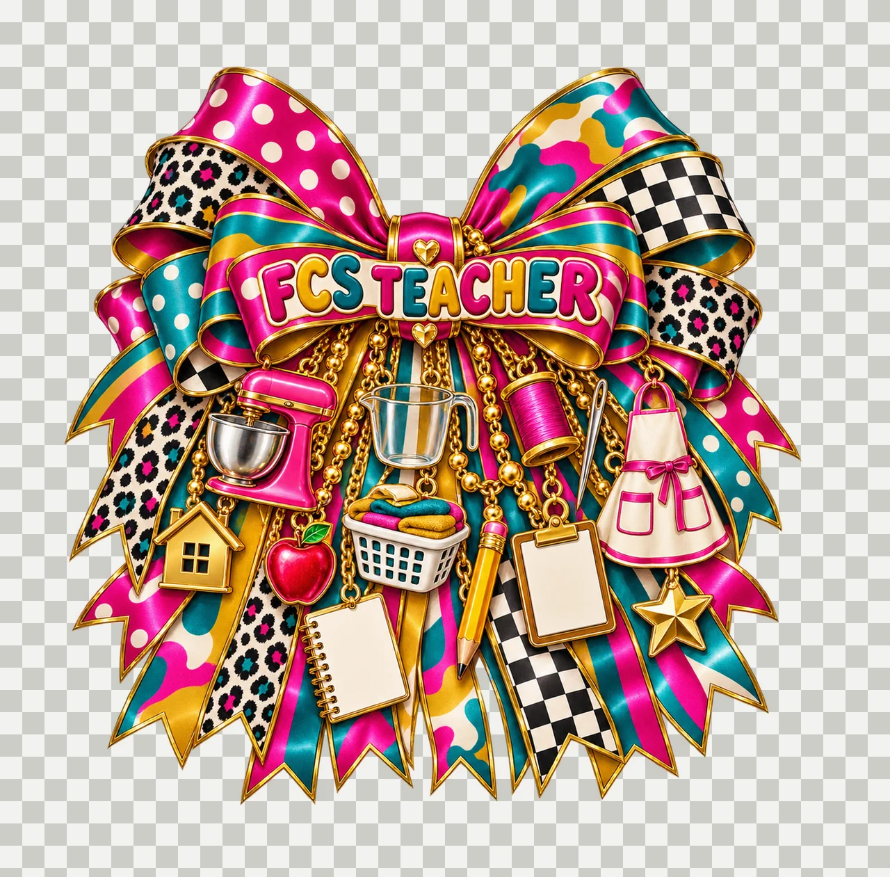 Family and Consumer Sciences Teacher Bow Charm PNG, Gold Chain Charms, Transparent Sublimation Design, Digital Download transparency and detail preview thumbnail