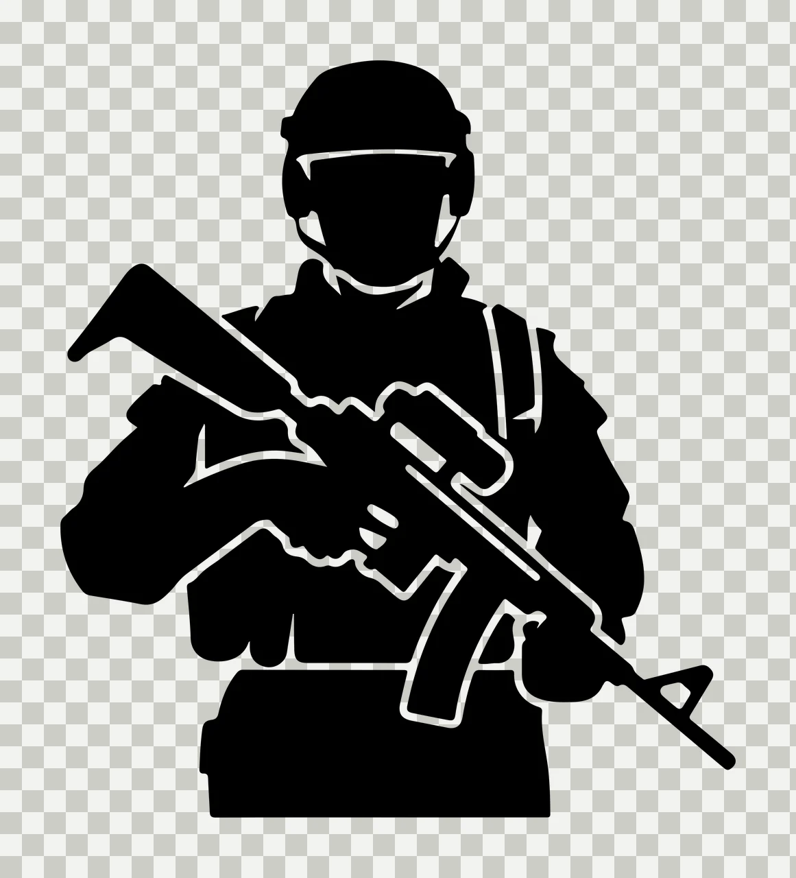 Armed Soldier Standing In Silhouette rifle helmet black white transparency and detail preview thumbnail