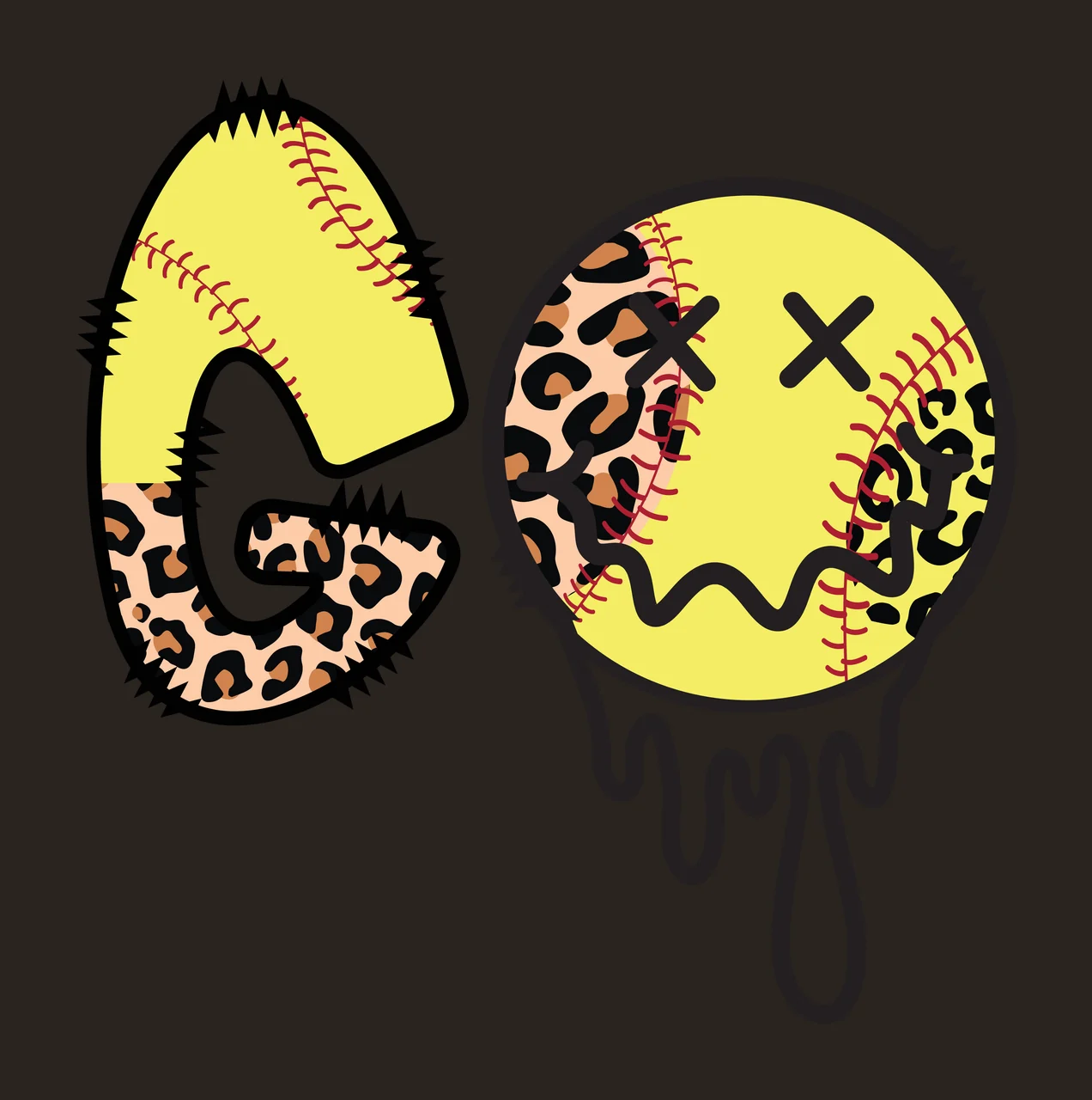 GO softball Design with letter G, leopard print, red stitching and dripping paint in yellow, tan and black contrast preview thumbnail