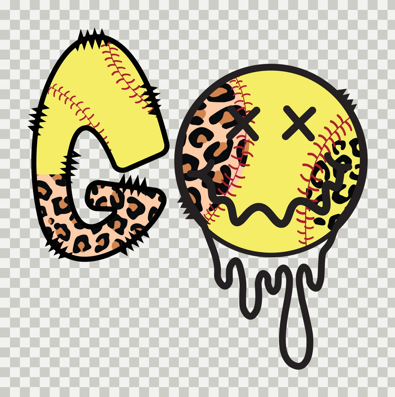 GO softball Design with letter G, leopard print, red stitching and dripping paint in yellow, tan and black transparency and detail preview thumbnail